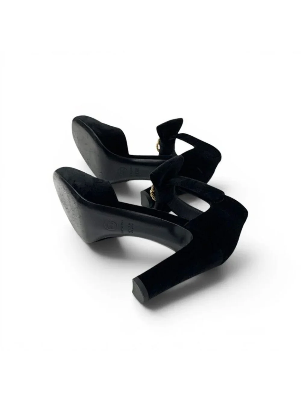 Chanel Pumps Shoes Velour Black Gold CC Logo Ribbon Pearl Velcro Strap